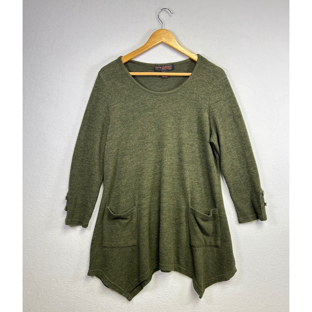 Pleats‎ Collection Olive Green Tunic Sweater Asymmetrical Hem Pockets Size M